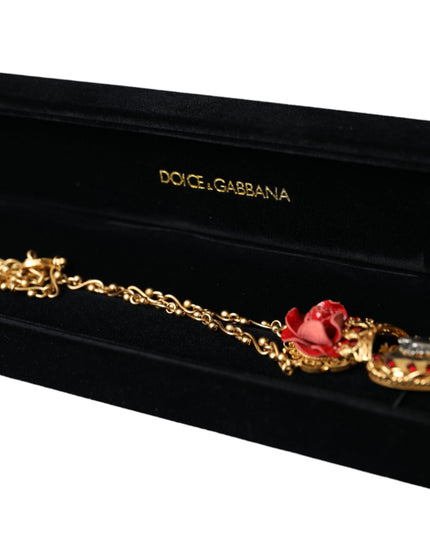 Dolce & Gabbana Gold BrassChain Sacred Heart Rose Crystal Charm Necklace