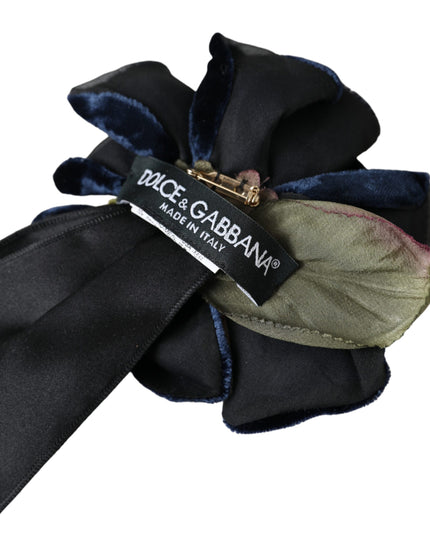 Dolce & Gabbana Black Silk Gold Brass Floral Hair Pin Brooch