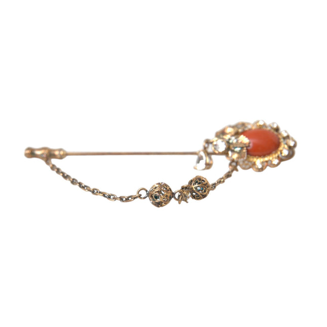 Dolce & Gabbana Gold Brass Crystal Chain 925 Sterling Silver Pin Brooch