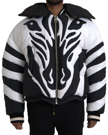 Dolce & Gabbana Black White Stripes Hooded Puffer Jacket