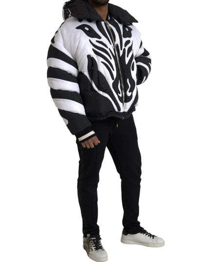 Dolce & Gabbana Black White Stripes Hooded Puffer Jacket