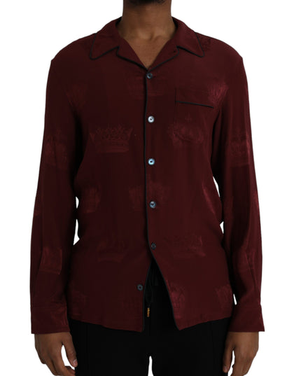 Dolce & Gabbana Maroon Crown Jacquard Silk Long Sleeve Shirt