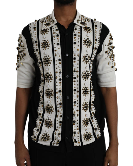Dolce & Gabbana White Black Silk Studded Stone Crystal Shirt