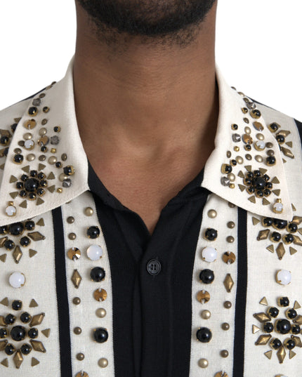 Dolce & Gabbana White Black Silk Studded Stone Crystal Shirt