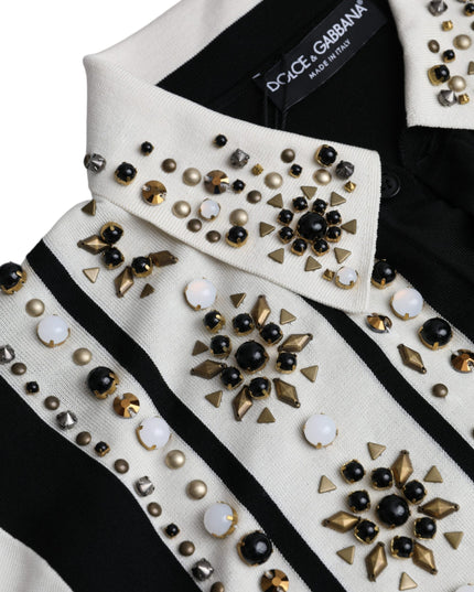 Dolce & Gabbana White Black Silk Studded Stone Crystal Shirt