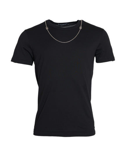 Dolce & Gabbana Black Cotton Silver Chain Short Sleeve T-shirt