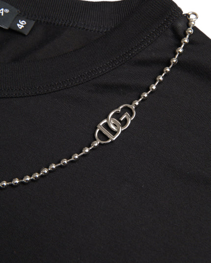 Dolce & Gabbana Black Cotton Silver Chain Short Sleeve T-shirt