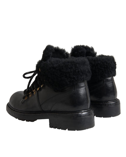 Dolce & Gabbana Black Leather Bernini Shearling Boots Shoes