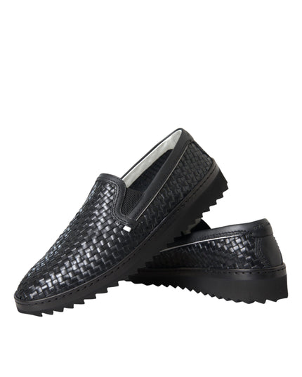 Dolce & Gabbana Black Woven Buffalo Leather Men Loafers Shoes