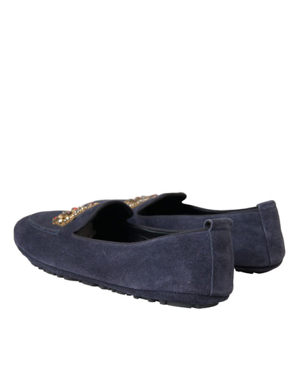 Dolce & Gabbana Blue Leather Suede Crystal Crown Loafers Shoes