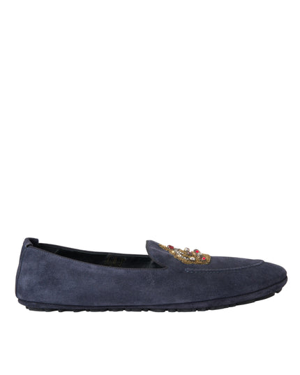 Dolce & Gabbana Blue Leather Suede Crystal Crown Loafers Shoes