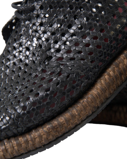 Dolce & Gabbana Black Woven Goat Leather Lace Up Derby Shoes