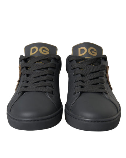 Dolce & Gabbana Black Leather Heart Embellished Sneakers Shoes