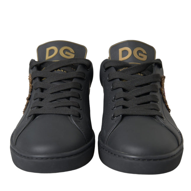 Dolce & Gabbana Black Leather Heart Embellished Sneakers Shoes