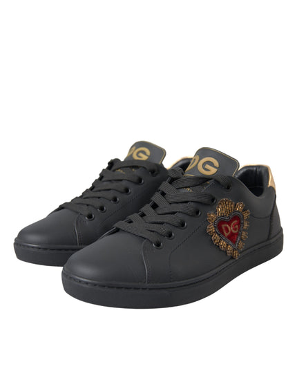 Dolce & Gabbana Black Leather Heart Embellished Sneakers Shoes
