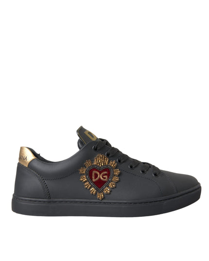 Dolce & Gabbana Black Leather Heart Embellished Sneakers Shoes