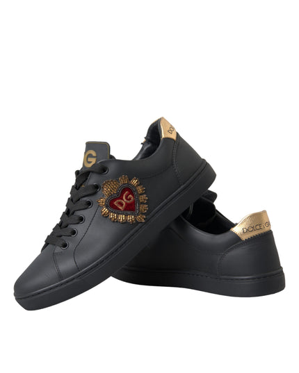 Dolce & Gabbana Black Leather Heart Embellished Sneakers Shoes
