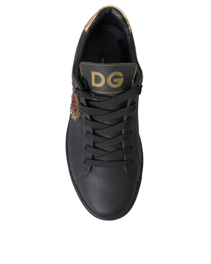 Dolce & Gabbana Black Leather Heart Embellished Sneakers Shoes