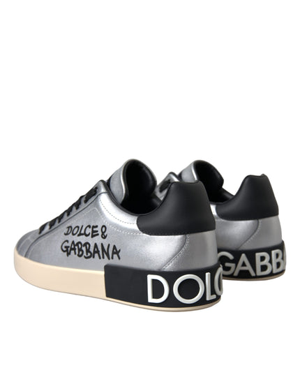 Dolce & Gabbana Silver Portofino Calf Leather Sneakers Men Shoes