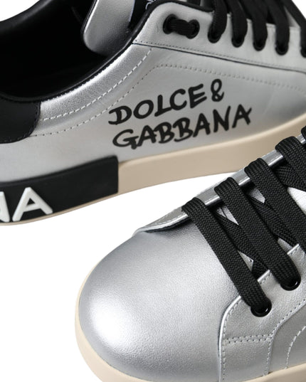 Dolce & Gabbana Silver Portofino Calf Leather Sneakers Men Shoes