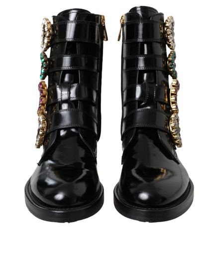 Dolce & Gabbana Black Leather Crystal Buckles Boots Shoes