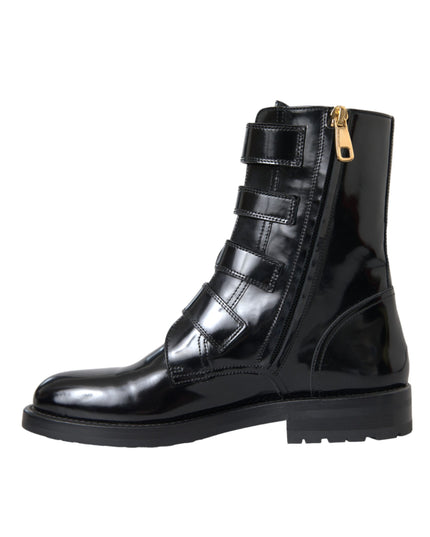 Dolce & Gabbana Black Leather Crystal Buckles Boots Shoes