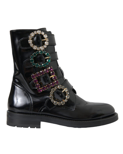 Dolce & Gabbana Black Leather Crystal Buckles Boots Shoes