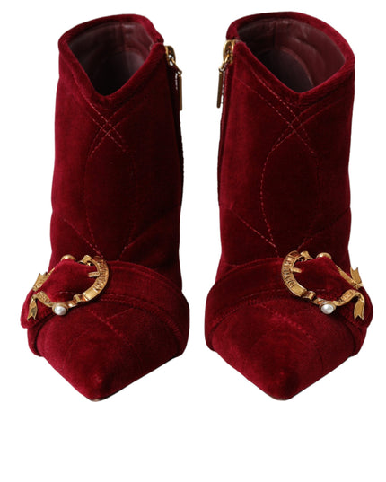 Dolce & Gabbana Dark Red Velvet Devotion Buckle Boots Shoes