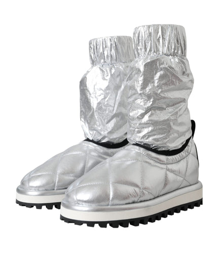 Dolce & Gabbana Metallic Silver Quilted Logo Patch Boot Shoes