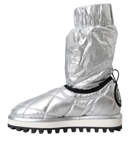 Dolce & Gabbana Metallic Silver Quilted Logo Patch Boot Shoes