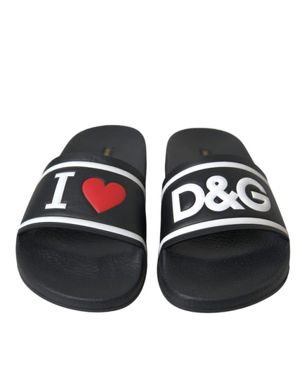 Dolce & Gabbana Black Leather I Love D&G Sandals Slides Shoes
