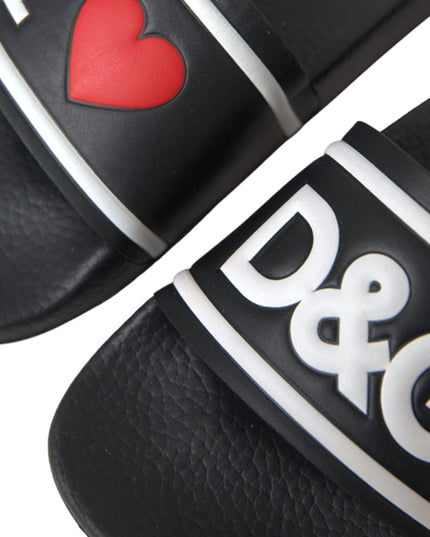 Dolce & Gabbana Black Leather I Love D&G Sandals Slides Shoes