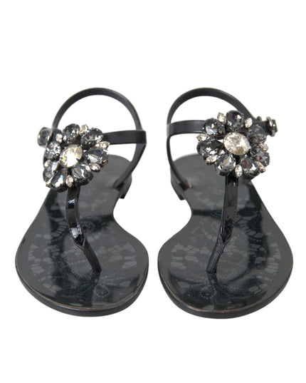 Dolce & Gabbana Black Crystal Flats Sandals Flip Flops Shoes