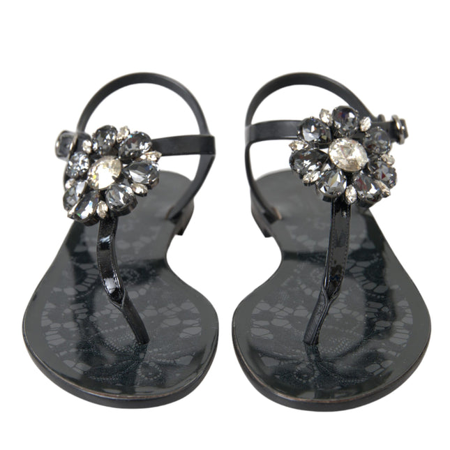 Dolce & Gabbana Black Crystal Flats Sandals Flip Flops Shoes