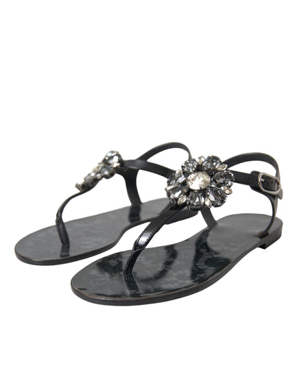 Dolce & Gabbana Black Crystal Flats Sandals Flip Flops Shoes