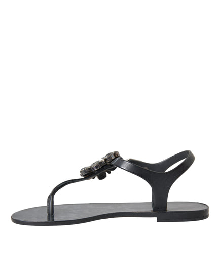 Dolce & Gabbana Black Crystal Flats Sandals Flip Flops Shoes
