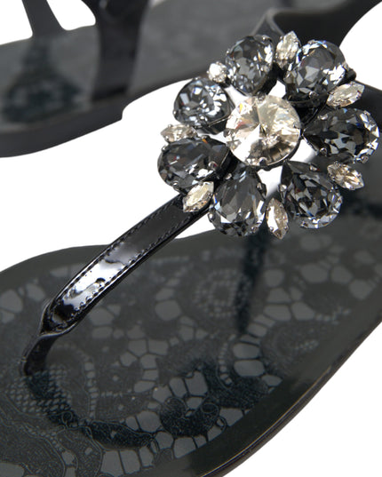 Dolce & Gabbana Black Crystal Flats Sandals Flip Flops Shoes