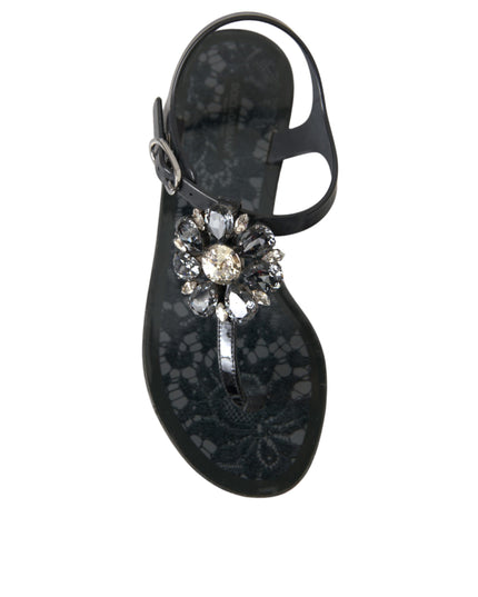 Dolce & Gabbana Black Crystal Flats Sandals Flip Flops Shoes