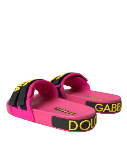 Dolce & Gabbana Pink Black Logo Beachwear Flats Sandals Shoes