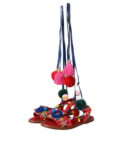 Dolce & Gabbana Multicolor Pom Pom Fur Wrap Sandals Shoes