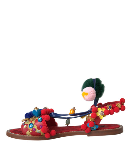 Dolce & Gabbana Multicolor Pom Pom Fur Wrap Sandals Shoes