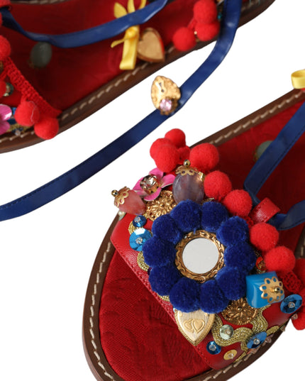 Dolce & Gabbana Multicolor Pom Pom Fur Wrap Sandals Shoes