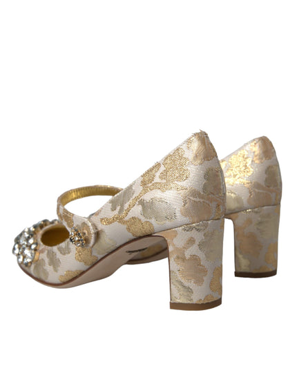 Dolce & Gabbana Gold Jacquard Crystal Mary Janes Pumps Shoes