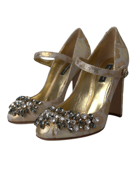 Dolce & Gabbana Gold Jacquard Crystal Mary Janes Pumps Shoes