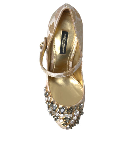 Dolce & Gabbana Gold Jacquard Crystal Mary Janes Pumps Shoes