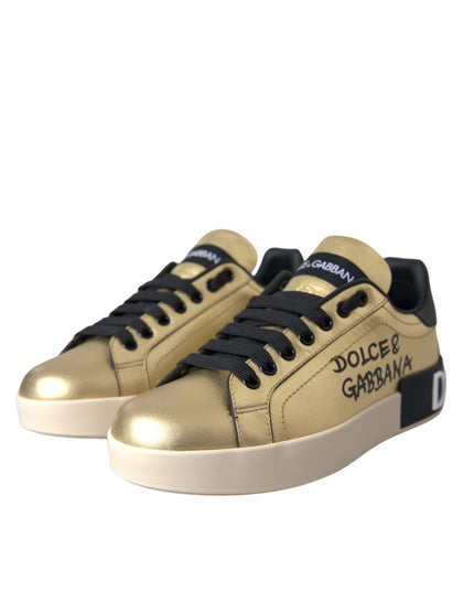 Dolce & Gabbana Gold Portofino Calf Leather Sneakers Women Shoes