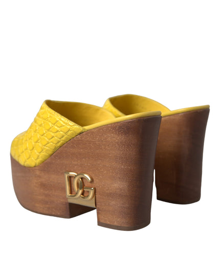 Dolce & Gabbana Yellow Leather Wood Mule Wedge Slides Shoes