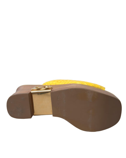 Dolce & Gabbana Yellow Leather Wood Mule Wedge Slides Shoes