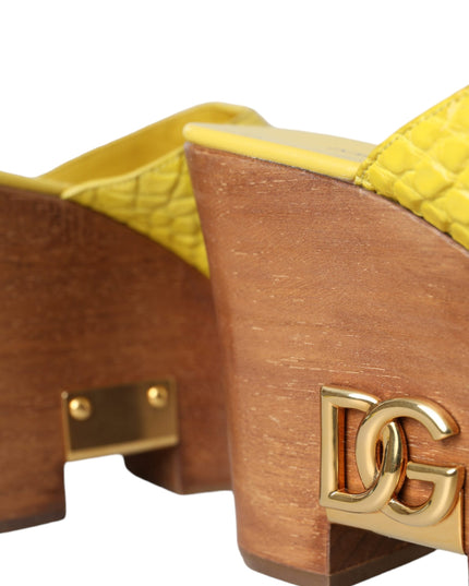 Dolce & Gabbana Yellow Leather Wood Mule Wedge Slides Shoes