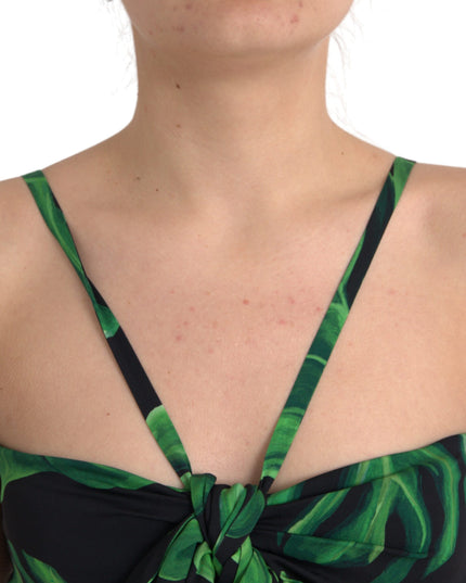 Dolce & Gabbana Black Green Leaf Silk Halter Cropped Top